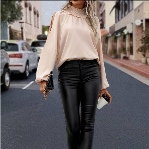 Elegant Smocked Mock Neck Cut Out Cold Shoulder Top Blouse Shirt - Picture 4 of 7